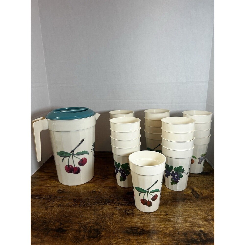 Vintage Packerware Fruit 1/2 Gallon Pitcher & 21 Matching Cups USA Retro Set - Picture 4 of 16